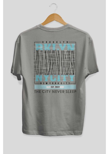 Brooklyn New York City Arka Baskılı Gri Oversize T-Shirt Unisex Erkek Kadın Bisiklet Yaka fiyatları