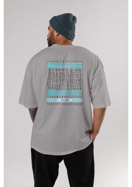 Brooklyn New York City Arka Baskılı Gri Oversize T-Shirt Unisex Erkek Kadın Bisiklet Yaka fırsatları