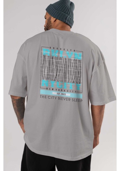 Brooklyn New York City Arka Baskılı Gri Oversize T-Shirt Unisex Erkek Kadın Bisiklet Yaka indirimleri
