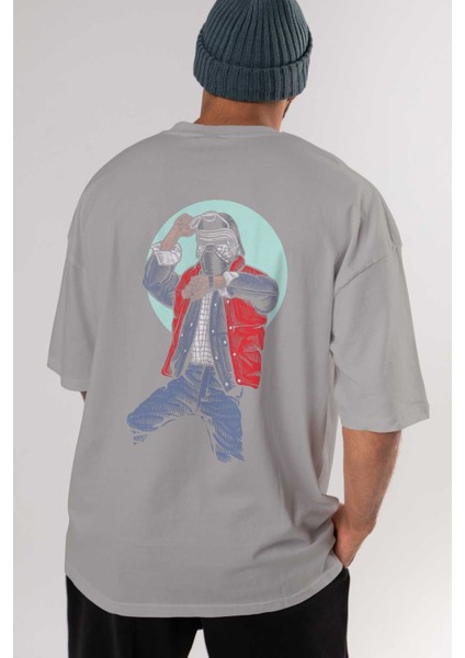 Kylo Mcfly Arka Baskılı Gri Oversize T-Shirt Unisex Erkek Kadın Bisiklet Yaka fırsatları