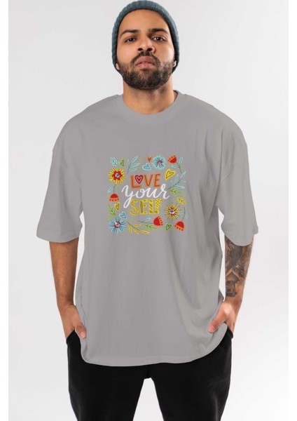 Love Yourself Yazılı Ön Baskılı Gri Oversize T-Shirt Unisex Erkek Kadın Bisiklet Yaka