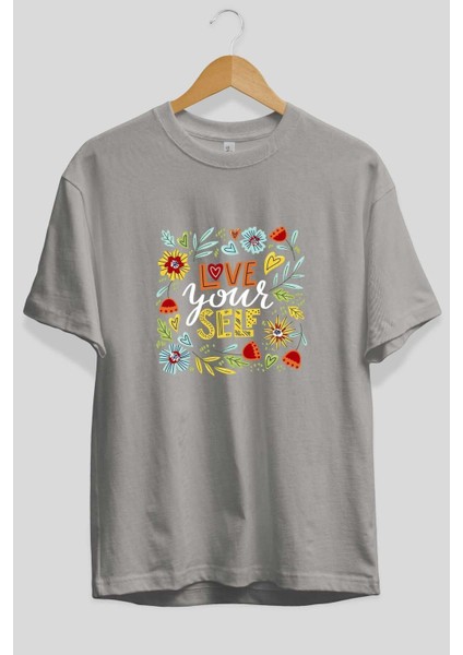 Love Yourself Yazılı Ön Baskılı Gri Oversize T-Shirt Unisex Erkek Kadın Bisiklet Yaka fiyatları