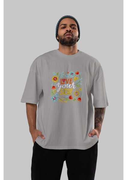 Love Yourself Yazılı Ön Baskılı Gri Oversize T-Shirt Unisex Erkek Kadın Bisiklet Yaka indirimleri