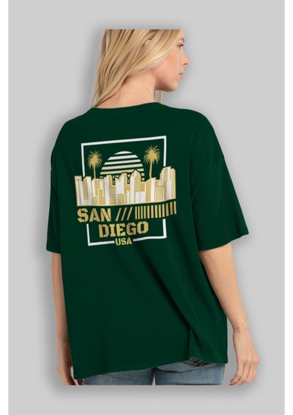 San Diego Arka Baskılı Zümrüt Yeşili Oversize T-Shirt Erkek Kadın Bisiklet Yaka fırsatları