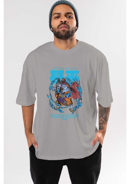 Jinbei Anime Ön Baskılı Gri Oversize T-Shirt %100 Pamuk Erkek Kadın