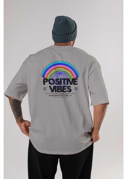 Positive Vibes Arka Baskılı Gri Oversize T-Shirt Unisex Erkek Kadın Bisiklet Yaka