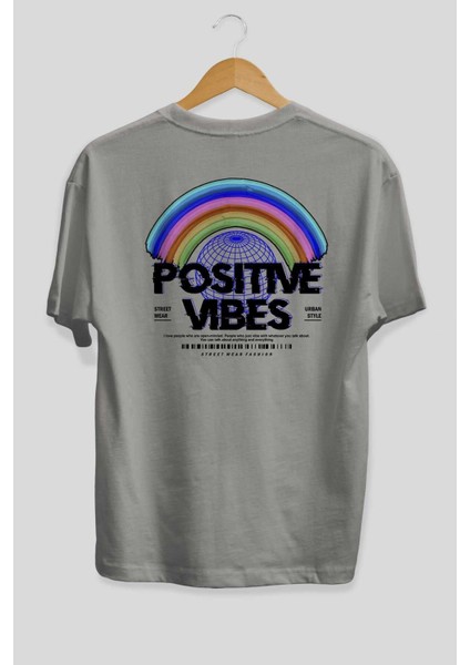Positive Vibes Arka Baskılı Gri Oversize T-Shirt Unisex Erkek Kadın Bisiklet Yaka fiyatları