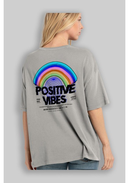 Positive Vibes Arka Baskılı Gri Oversize T-Shirt Unisex Erkek Kadın Bisiklet Yaka modelleri