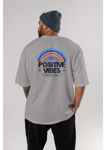 Positive Vibes Arka Baskılı Gri Oversize T-Shirt Unisex Erkek Kadın Bisiklet Yaka fırsatları