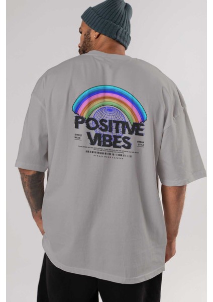 Positive Vibes Arka Baskılı Gri Oversize T-Shirt Unisex Erkek Kadın Bisiklet Yaka indirimleri