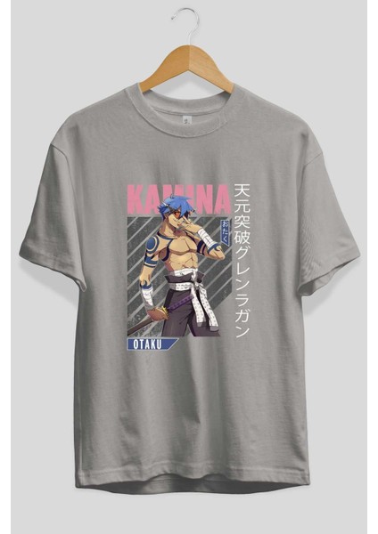 Kamina 5 Anime Ön Baskılı Gri Oversize T-Shirt %100 Pamuk Erkek Kadın fiyatları
