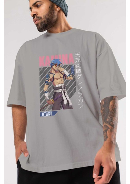 Kamina 5 Anime Ön Baskılı Gri Oversize T-Shirt %100 Pamuk Erkek Kadın modelleri