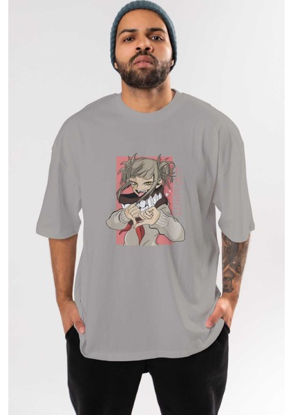 Himiko Toga Anime Ön Baskılı Gri Oversize T-Shirt %100 Pamuk Erkek Kadın