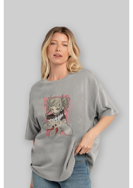 Himiko Toga Anime Ön Baskılı Gri Oversize T-Shirt %100 Pamuk Erkek Kadın fırsatları