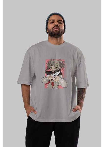 Himiko Toga Anime Ön Baskılı Gri Oversize T-Shirt %100 Pamuk Erkek Kadın indirimleri
