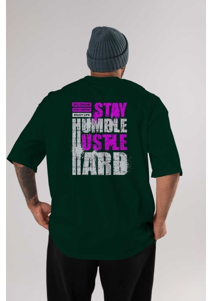 Stay Hustle Arka Baskılı Zümrüt Yeşili Oversize T-Shirt Erkek Kadın Bisiklet Yaka