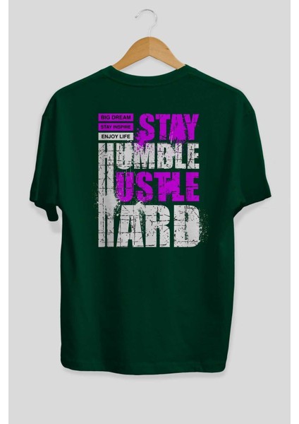 Stay Hustle Arka Baskılı Zümrüt Yeşili Oversize T-Shirt Erkek Kadın Bisiklet Yaka fiyatları