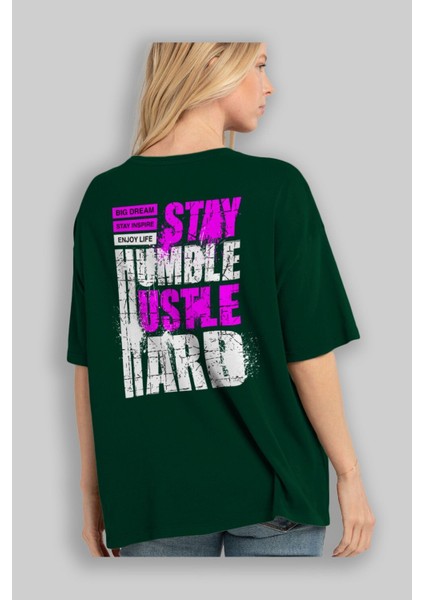Stay Hustle Arka Baskılı Zümrüt Yeşili Oversize T-Shirt Erkek Kadın Bisiklet Yaka fırsatları