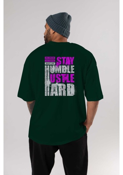 Stay Hustle Arka Baskılı Zümrüt Yeşili Oversize T-Shirt Erkek Kadın Bisiklet Yaka indirimleri