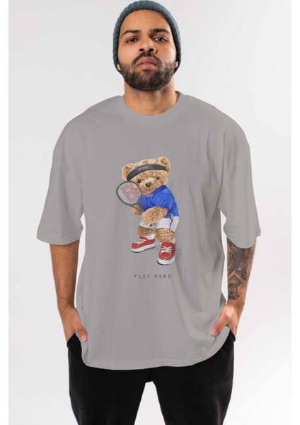 Teddy Bear Play Hard Ön Baskılı Gri Oversize T-Shirt Unisex Erkek Kadın Bisiklet Yaka