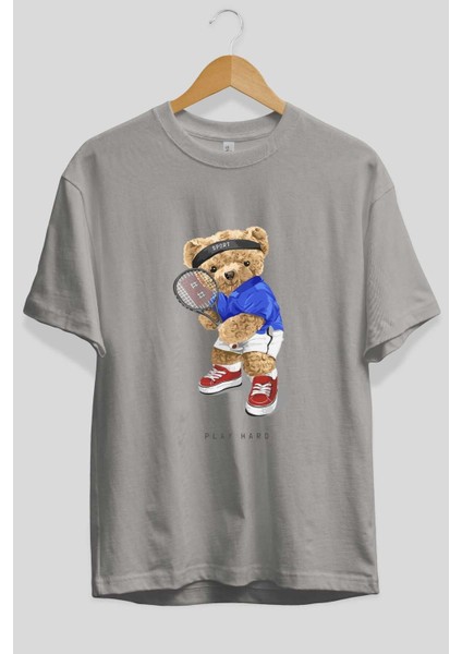 Teddy Bear Play Hard Ön Baskılı Gri Oversize T-Shirt Unisex Erkek Kadın Bisiklet Yaka fiyatları