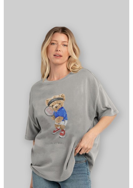 Teddy Bear Play Hard Ön Baskılı Gri Oversize T-Shirt Unisex Erkek Kadın Bisiklet Yaka fırsatları