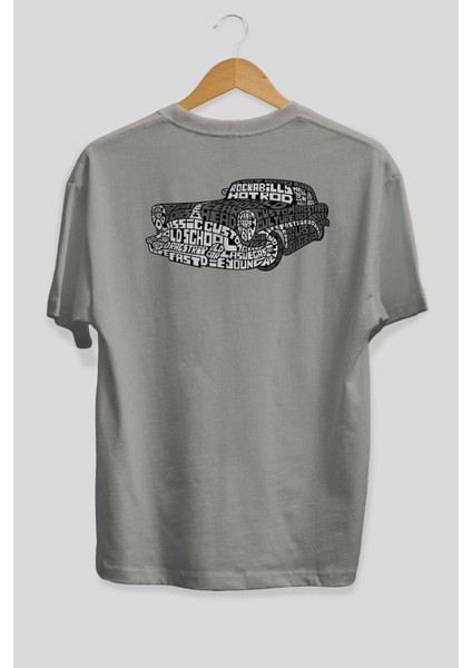 Hotrod Arka Baskılı Gri Oversize T-Shirt Unisex Erkek Kadın Bisiklet Yaka fiyatları