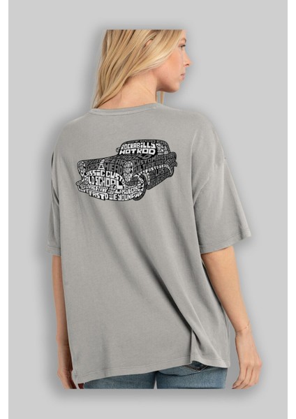 Hotrod Arka Baskılı Gri Oversize T-Shirt Unisex Erkek Kadın Bisiklet Yaka modelleri
