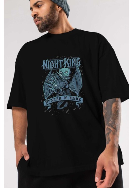 Game Of Thrones Gece Kralı Ön Baskılı Siyah Oversize T-Shirt Bisiklet Yaka Erkek Kadın