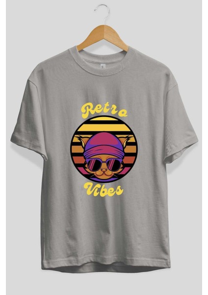 Cat Retro Vibes Ön Baskılı Gri Oversize T-Shirt Unisex Erkek Kadın Bisiklet Yaka