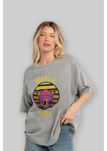 Cat Retro Vibes Ön Baskılı Gri Oversize T-Shirt Unisex Erkek Kadın Bisiklet Yaka