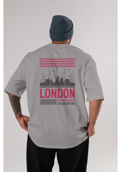 London Arka Baskılı Gri Oversize T-Shirt Unisex Erkek Kadın Bisiklet Yaka