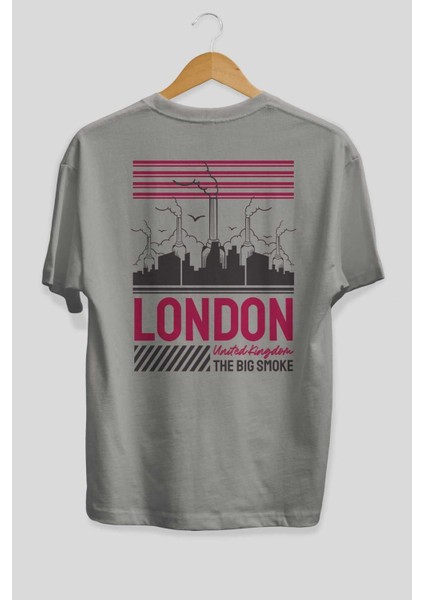 London Arka Baskılı Gri Oversize T-Shirt Unisex Erkek Kadın Bisiklet Yaka fiyatları