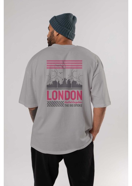 London Arka Baskılı Gri Oversize T-Shirt Unisex Erkek Kadın Bisiklet Yaka fırsatları