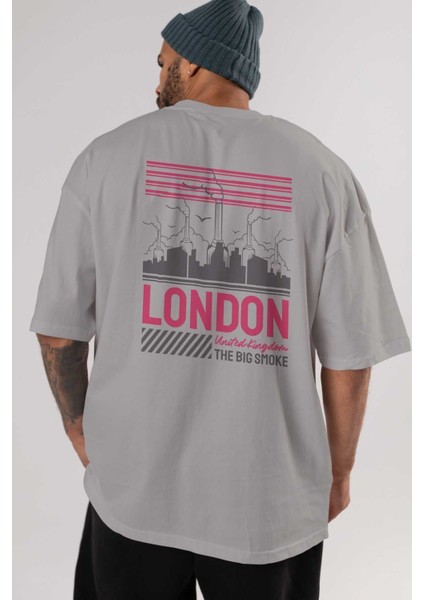 London Arka Baskılı Gri Oversize T-Shirt Unisex Erkek Kadın Bisiklet Yaka indirimleri