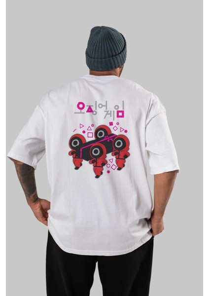 Squid Game (6) Arka Baskılı Beyaz Oversize T-Shirt Bisiklet Yaka Pamuk Erkek Kadın