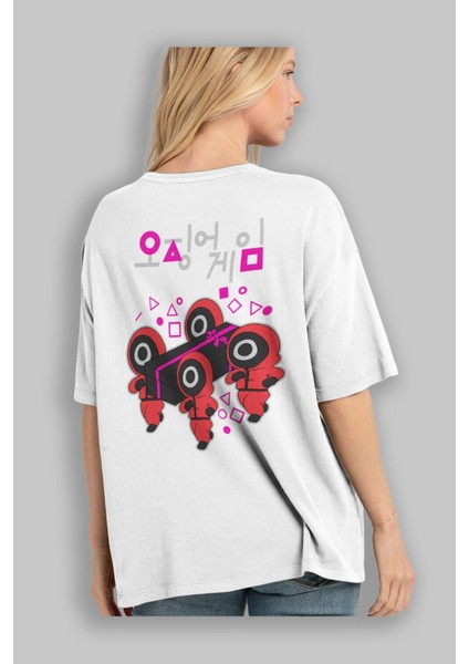 Squid Game (6) Arka Baskılı Beyaz Oversize T-Shirt Bisiklet Yaka Pamuk Erkek Kadın modelleri