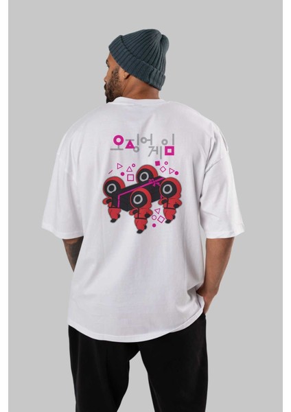 Squid Game (6) Arka Baskılı Beyaz Oversize T-Shirt Bisiklet Yaka Pamuk Erkek Kadın fırsatları