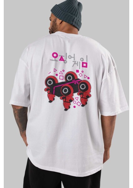 Squid Game (6) Arka Baskılı Beyaz Oversize T-Shirt Bisiklet Yaka Pamuk Erkek Kadın indirimleri