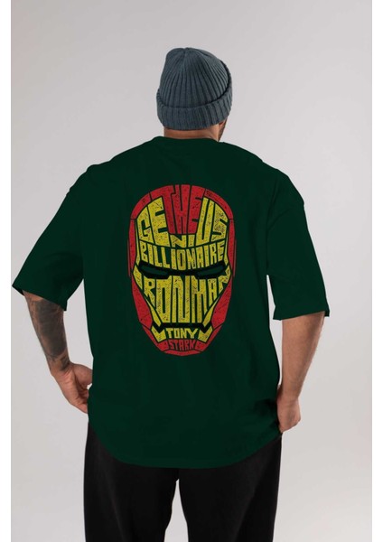Iron Man Arka Baskılı Zümrüt Yeşili Oversize T-Shirt Unisex Erkek Kadın Bisiklet Yaka