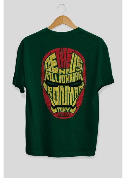 Iron Man Arka Baskılı Zümrüt Yeşili Oversize T-Shirt Unisex Erkek Kadın Bisiklet Yaka