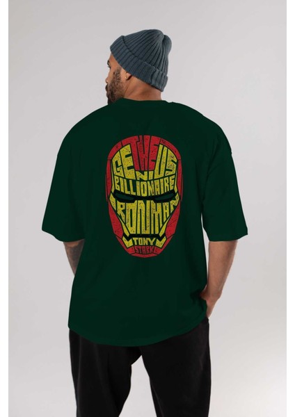 Iron Man Arka Baskılı Zümrüt Yeşili Oversize T-Shirt Unisex Erkek Kadın Bisiklet Yaka