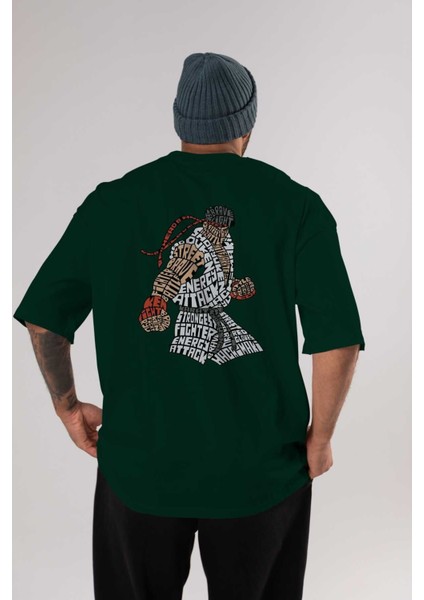 Hadouken Arka Baskılı Zümrüt Yeşili Oversize T-Shirt Unisex Erkek Kadın Bisiklet Yaka