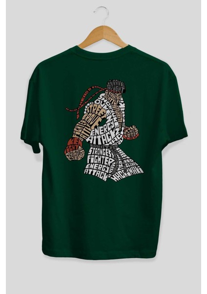 Hadouken Arka Baskılı Zümrüt Yeşili Oversize T-Shirt Unisex Erkek Kadın Bisiklet Yaka fiyatları