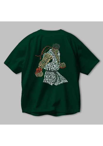 Hadouken Arka Baskılı Zümrüt Yeşili Oversize T-Shirt Unisex Erkek Kadın Bisiklet Yaka modelleri