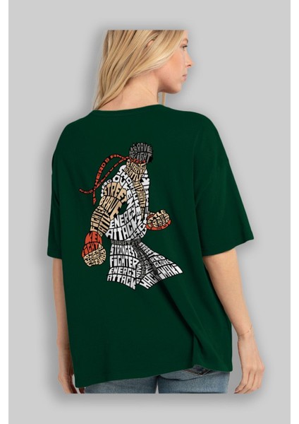 Hadouken Arka Baskılı Zümrüt Yeşili Oversize T-Shirt Unisex Erkek Kadın Bisiklet Yaka fırsatları