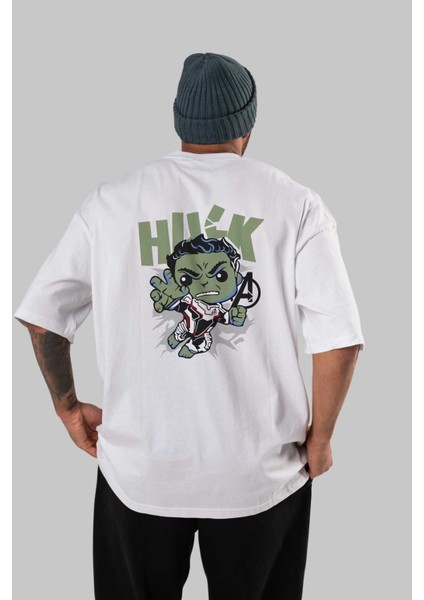Hulk (8) Arka Baskılı Beyaz Oversize T-Shirt Bisiklet Yaka Pamuk Erkek Kadın