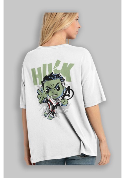 Hulk (8) Arka Baskılı Beyaz Oversize T-Shirt Bisiklet Yaka Pamuk Erkek Kadın modelleri