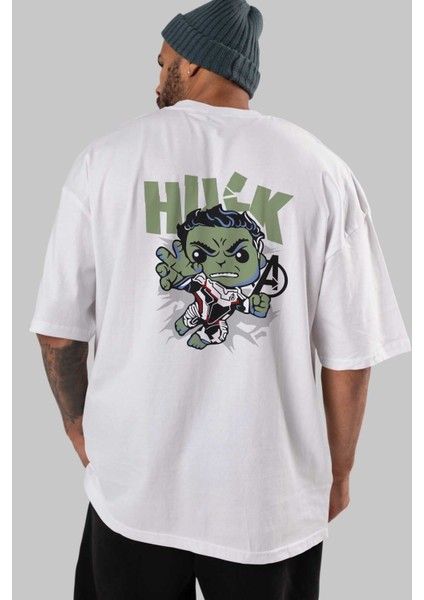 Hulk (8) Arka Baskılı Beyaz Oversize T-Shirt Bisiklet Yaka Pamuk Erkek Kadın indirimleri