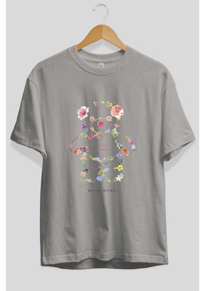 Teddy Bear Flowers Ön Baskılı Gri Oversize T-Shirt Unisex Erkek Kadın Bisiklet Yaka fiyatları